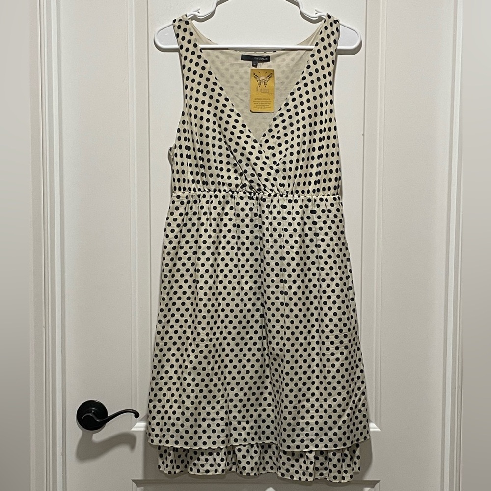 Boutique Silk Blend Matty M Size M Cream Navy Polka Dot Coquette Midi Dress